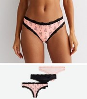 New Look 3 Pack Pink and Black Bow Lace Trim Thongs